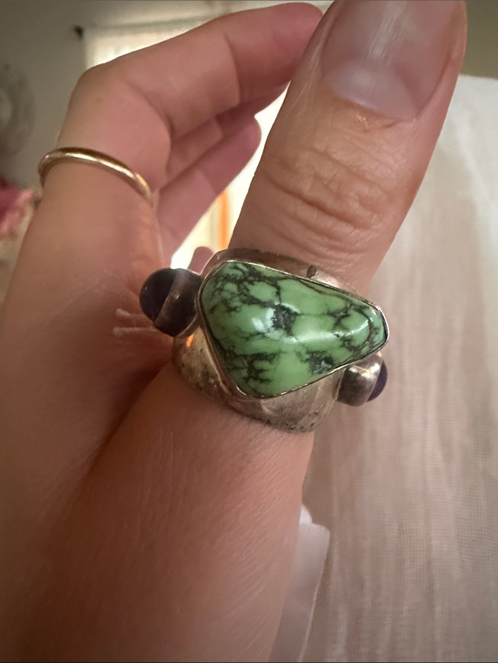 Green Turquoise & Amethyst Sterling Ring - Unbranded